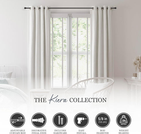 Kenney Kiera Crown Adjustable Curtain Rod, 28 to 48 Inches, Extendable Set, Matte Black