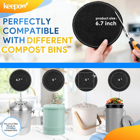 KEEPOW 10 Pack 6.75" Compost Bin Filter Replacement for Kitchen Compost Bin Countertop, Charcoal Filters for Compost Bucket, Activated Carbon Filter for Compost Pail Counter Refill Sets (Round) by KEEPOW