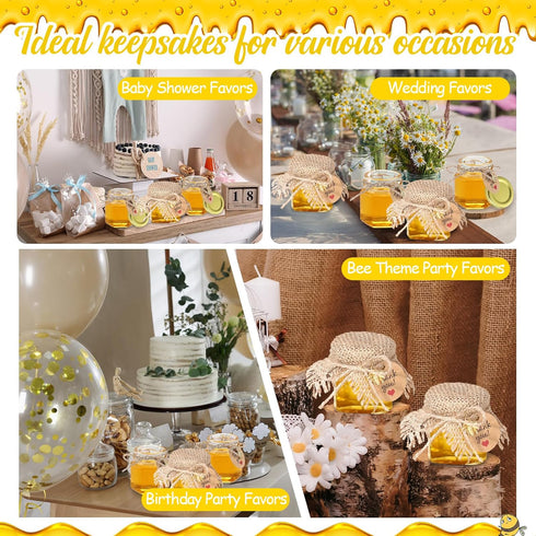 Funnymoom 50 Set 1.5 oz Mini Honey Jars Party Favors in Bulk Hexagon Glass Honey Jar with Dipper Bee Charms Thank You