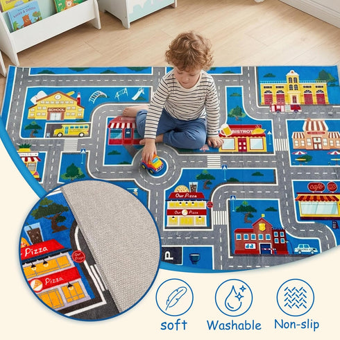 47x71in Play Mat Kids Rug for Boys and Girls, Non-Slip Playroom Rug Car Rugs for Kids Toy Cars Kid Classroom Road Rugs