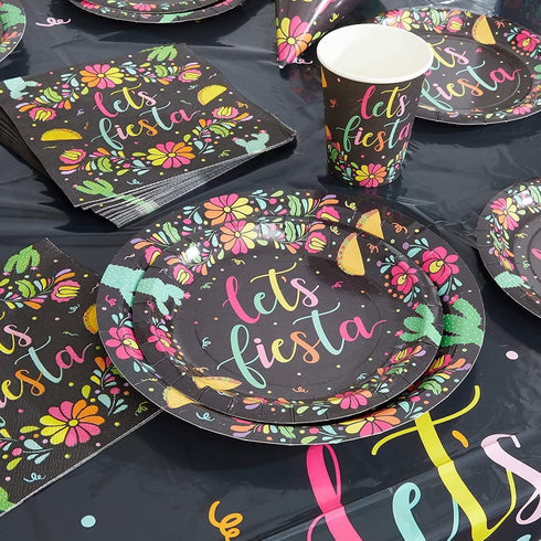 80 Pack Let's Fiesta Party Plates - 7 inch Decorative Dinnerware for Special Occasions (Black)