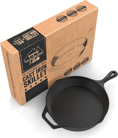 Fresh Australian Kitchen 12" Nonstick Cast Iron Skillets - Pre Seasoned Frying Pan Cookware for Cooking