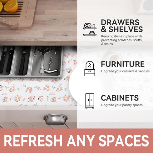 RAY STAR Shelf Liner, Non Adhesive Pink Orange Floral Printed Kitchen Cabinet Liner, 12 Inch x 10 FT