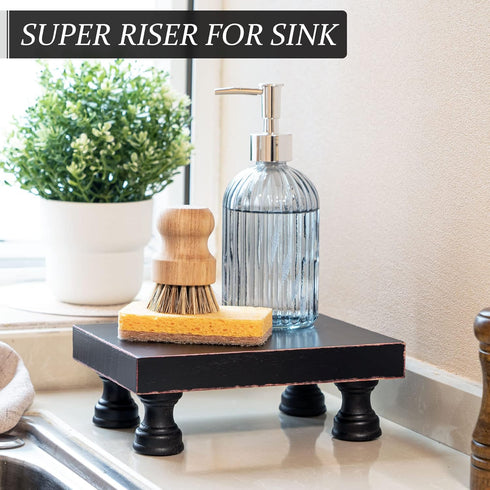 Modern Pedestal Stand for Kitchen Decor : Decorative Wood Riser for Display and Farmhouse Soap Dispenser Tray and Sponge Holder - Retro Countertop Organizer for Counter and Sink (Black)