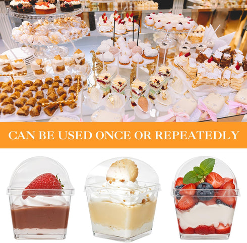 SEIION 310 3oz Pcs Mini Dessert Cups with Lids, Spoons & Bonus Forks Clear Plastic Appetizer & Dessert Cups for Party
