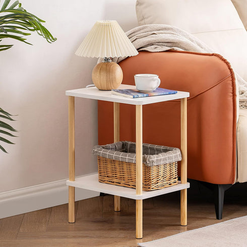 2 Apicizon Tier End Table, Small Side Table with Solid Wood Legs, Boho Bedside Table with Storage Shelf, Nightstand