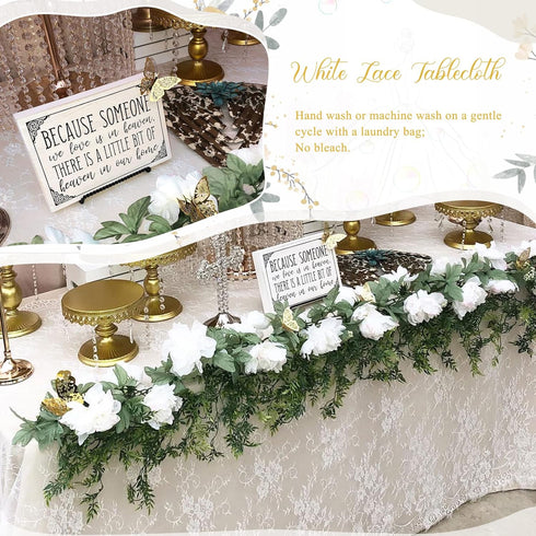 QueenDream White Lace Tablecloth, 60 x 120 Inches, Rectangular Vintage Embroidered Lace Fabric Overlay