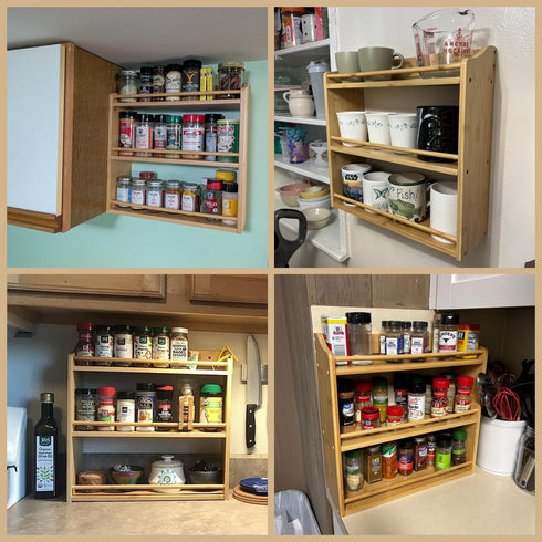 3 Counter Tier Bamboo Spice Rack, Seasoning Jars Rack Shelf Spice Organizer for Kitchen or Wall Mounting