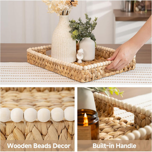 Counter, StorageWorks Rectangle Decorative Trays for Home Decor Farmhouse, Wicker Coffee Table Tray Decor with Wooden
