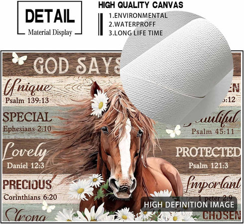 Motivational Horse Decor Wall Art, Farmhouse Daisy Canvas Prints, Framed Modern Artwork for Girls Room, 12"x16"