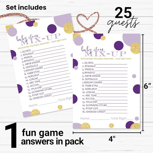 Purple and Gold Baby Shower Games - Word Scramble Game for Gender Reveal - 25 Pack, Royal Mermaid Design