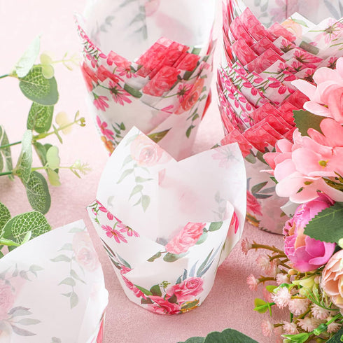 Funtery 200 Pieces Pink Flower Tulip Cupcake Wrappers for Baking, Rustic Birthday Party Decoration for Bridal Shower