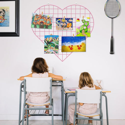 Grid Photo Wall Panels, 22.4"x20.4" Heart Shape Iron Rack Art Wire Board, DIY Photo Frame for Home and Office, Pink
