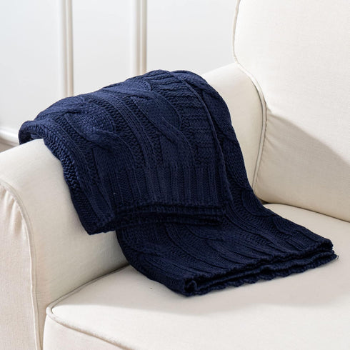 Battilo Navy Cable Knit Throw Blanket, Super Soft Cozy Decorative Knitted Blanket for Couch, Bed, Sofa, Chair 50"x60"