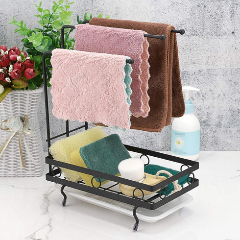 JUXYES Kitchen Sink Caddy Sponge Holder with Dishcloth Drying Rack, Storage Organizer for Kitchen Countertop, Black