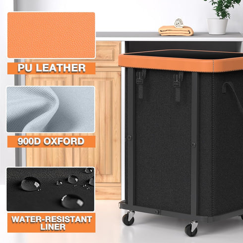 150L (40 Gal) Large Fashion Laundry Basket with Wheels, Leather Patchwork Rolling Hamper Carts, Sturdy Metal Frame