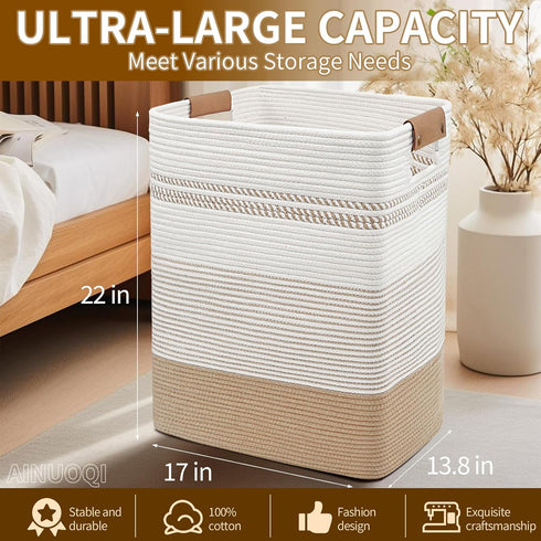 AINUOQI 85L Large Laundry Hamper Basket, Cotton Rope Woven Storage Bin for Blankets, Dirty Clothes Toys, Decorative