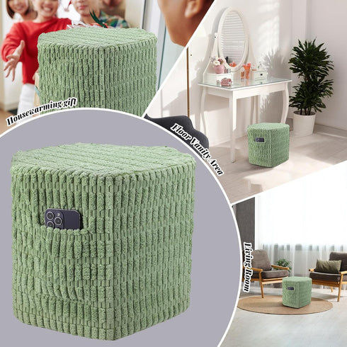 2 Hexagon Pouf Ottoman Stuffed with Pockets & Handle, Comfort Corduroy Poufs, Non-Slip Foot Stool Storage Ottoman, Foam