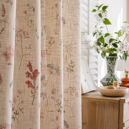 RoomTalks 96 Inches Boho Farmhouse Living Room Curtain Privacy Linen Fabric, Cute Vintage Floral Botanical Aesthetic