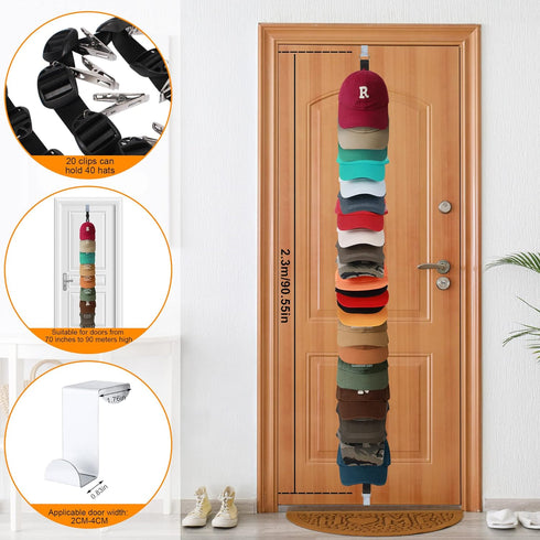 Hat Rack for Baseball Caps, Organizer Holder for Over The Door & Wall, 20 Clips, Holds 20-40 Caps, Hat Storage