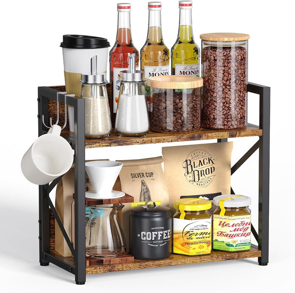Coffee Bar Station Organizer Shelf for Countertop, 2 Tiers Wooden Spice Rack, Rustic Brown Large Desk Shelf Riser