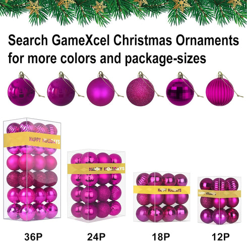 Fuchsia 2.5" Christmas Balls, Shatterproof Hanging Ornaments for Birthday Halloween Holiday Wedding, Set of 18pcs