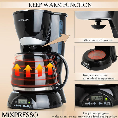 8-Cup Programmable, Mixpresso Drip Coffee Maker Coffee Pot Machine Including Reusable & Removable Coffee Filter, Black