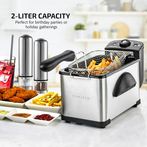 OVENTE Electric Deep Fryer, 2 Liter Capacity, 1500 Watt with Viewing Window, Odor Filter, and Removable Frying Basket