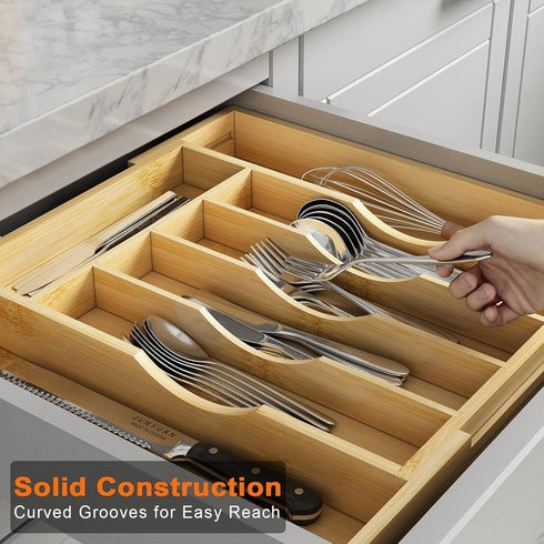 Bamboo Utensil Organizer for Kitchen Drawers, Expandable Tray and Cutlery Holder, Wood Dividers with 7 Adjustable Slots