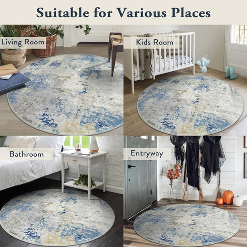 4Ft, 4x4 Lahome Modern Abstract Round Rug Blue Washable Front Door Mat Soft Circle Rug for Entryway Bedroom Non Slip