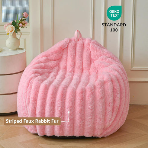 MEGO Kids Fluffy Faux Rabbit Fur Bean Bag Chair Cover(No Filler), Soft Shaggy Wide Striped Stuffed Animal Storage Bean