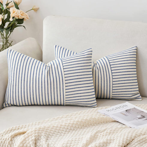 MIULEE Royal Blue and Beige Patchwork Farmhouse Pillow Covers 12x20 Inch, Pack