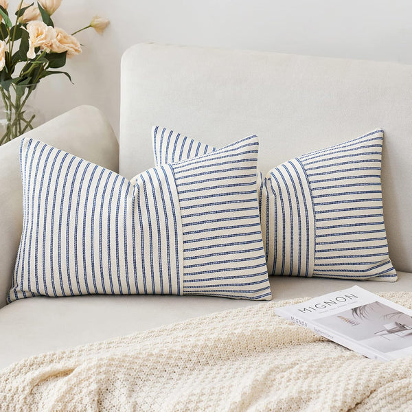 MIULEE Royal Blue and Beige Patchwork Farmhouse Pillow Covers 12x20 Inch, Pack