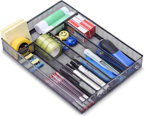 WuGeShop Black Silverware Drawer Organizer, Metal Mesh Utensil Tray, Non-Slip Cutlery Tray with 5 Compartments