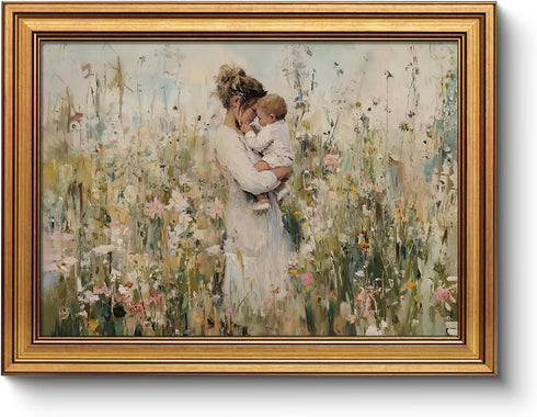 Vintage Gold Frame Mom Holding Baby Canvas Print 12x16 Wall Art, Impressionist