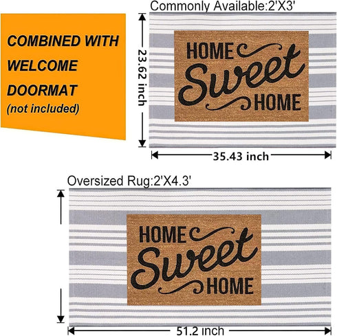 Grey and White Striped Doormat 24'' x 35'', Machine Washable Indoor Outdoor Rug for Front Porch