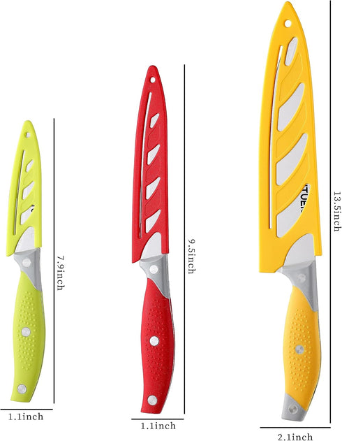 Chef Knife, 3PCS Kitchen Knife, Multicolor Stainless Steel Sharp Chef Knife Set, 8 Inch Chef's Knife, 4.5 Inch Utility Knife, 4 Inch Paring Knife (3Pack, Yellow, Red, Green) by VITUER