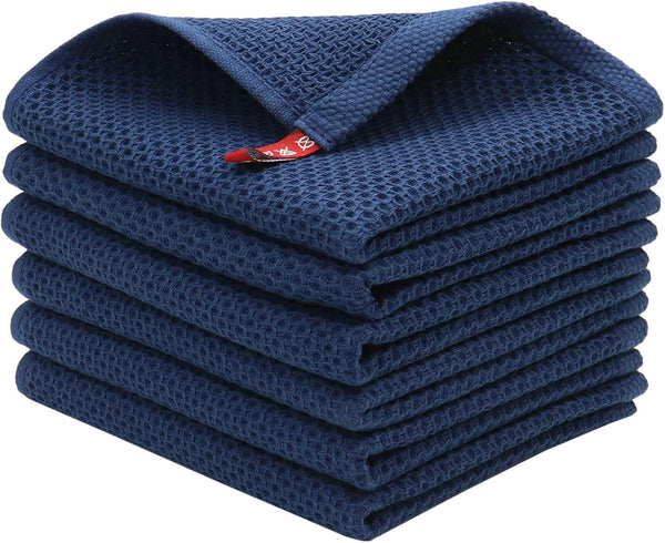 Mia'sDream 6 Pack Natural Cotton Dish Towels, Soft Absorbent Waffle Weave Kitchen Cloths, 12"x12", Navy Blue