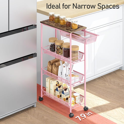 4-Tier KINGRACK Slim Storage Cart, Metal Rolling Cart, Organizer with Wooden Tabletop and Drawer Basket, Mobile