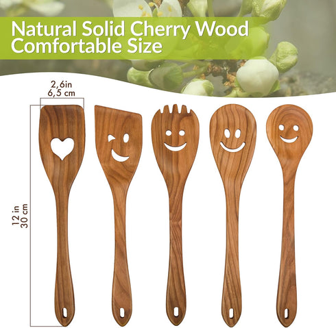 MFC 5-Piece Wooden Cooking Spoons Set, Natural Cherry Wood Kitchen Utensils with Smiley Faces for Cooking