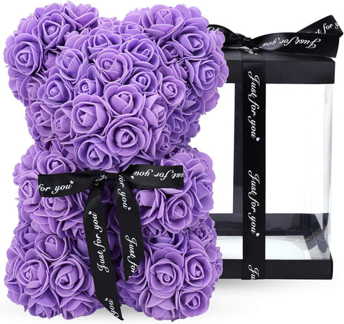 LINKLO Rose Bear, 10 inch Artificial Rose Flower Bear Gift for Wedding, Mothers Day, Anniversary (Purple)
