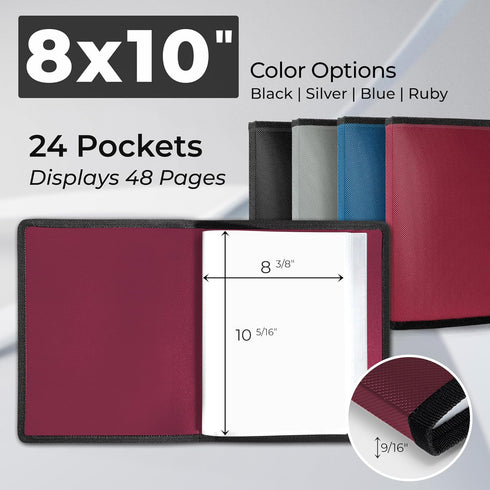 Dunwell Photo Album 8x10 (Ruby) - 24 Clear Sleeves, Black Mounting Paper, Professional Photography Book