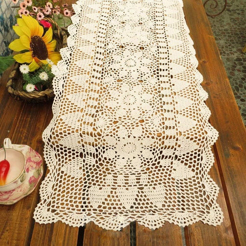 KEPSWET Sunflower Rectangle Handmade Crochet Lace Table Runner, 14x60 inch, Beige