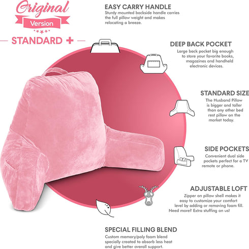 Husband Pillow Pink, Original Reading Pillow in Bed Rest Chair, Shredded Memory Foam Large Lounge Cushion Adult