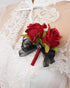 Abbie Home Prom Rose Corsage Boutonniere Set, Real Touch Flowers with Lace Bow D cor for Party Ball Wedding (Red)
