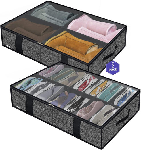 Onlyeasy 2 Pack Under Bed Shoe Storage Bag Organizer for 14+4 Pairs, Collapsible Container with Handles - Linen-like