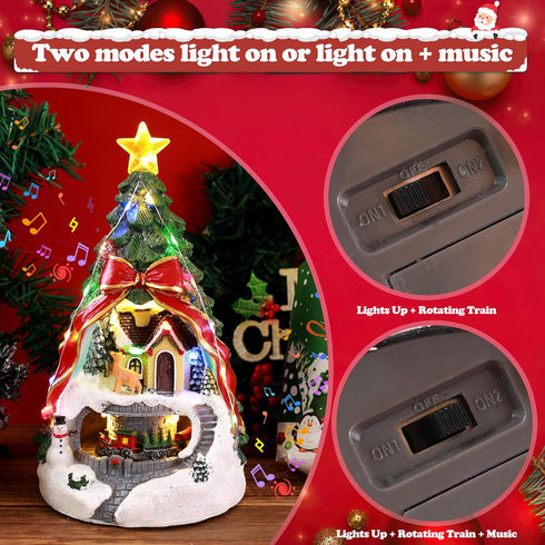 ZPCO Musical Christmas Village with Spinning Train Deer - Pre-Lit Artificial Christmas Tree - Battery & USB