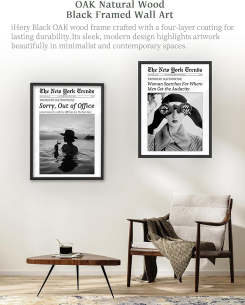 8x10in 1Pack iHery Small Natural Black OAK Wood Trendy Newspaper Framed Wall Art, Modern Sorry Out of Office Canvas