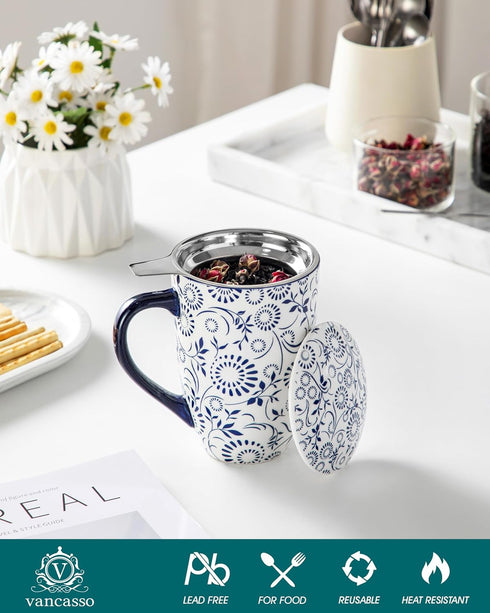 18 oz vancasso SELENE Porcelain Tea Mug, Porcelain Tea Cup with Infuser and Lid Steeps Loose Leaf Tea, Microwave