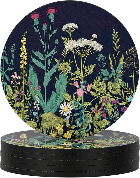 Nipichsha Coasters for Drinks, Set of 6 Absorbent Rubber Coasters with Non-Slip Backing, Round 4", Dandelion